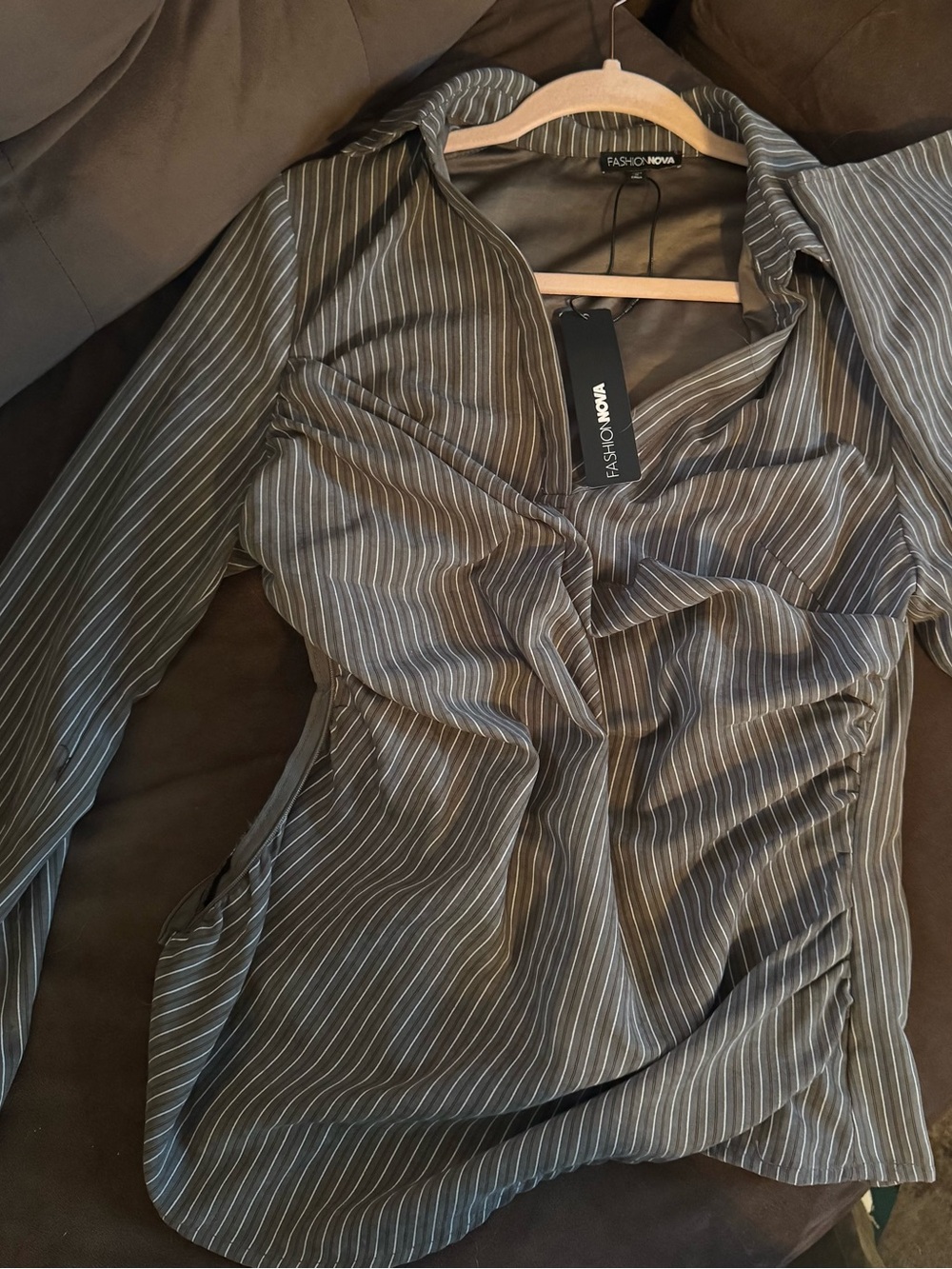 Fashion Nova Pinstripe Ruched Button-Down Shirt